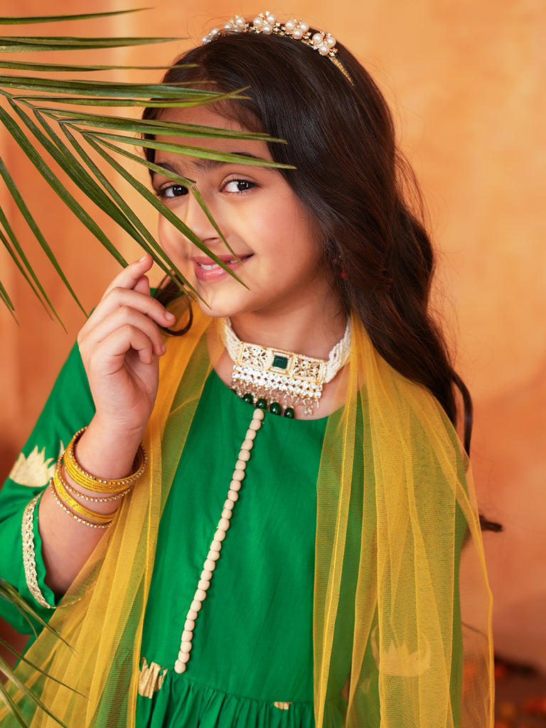 Pspeaches Girls Green Ethnic Foil Print Cambric A-Line Kurta & Sharara With Dupatta ( Sku-Sha-Greenmoon )