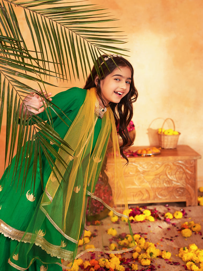 Pspeaches Girls Green Ethnic Foil Print Cambric A-Line Kurta & Sharara With Dupatta ( Sku-Sha-Greenmoon )