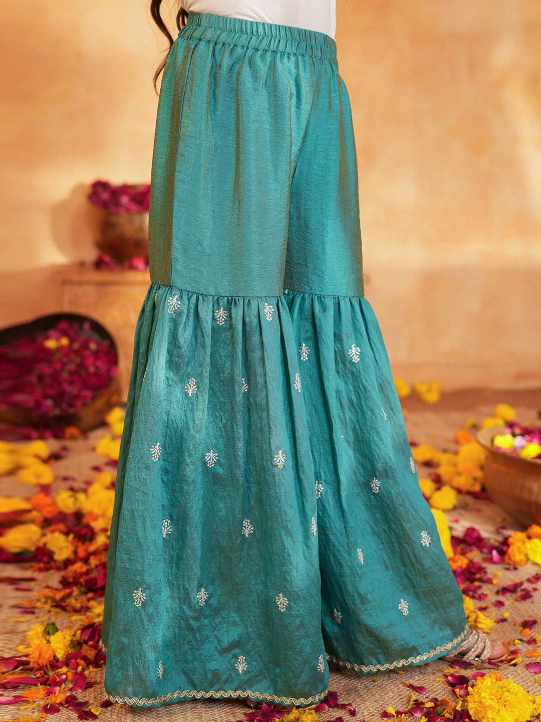 Pspeaches Girls Orange & turquoise Ethnic Embroidered Silk A-line Kurta With Sharara & Dupatta ( SKU-Sha-orangevich )