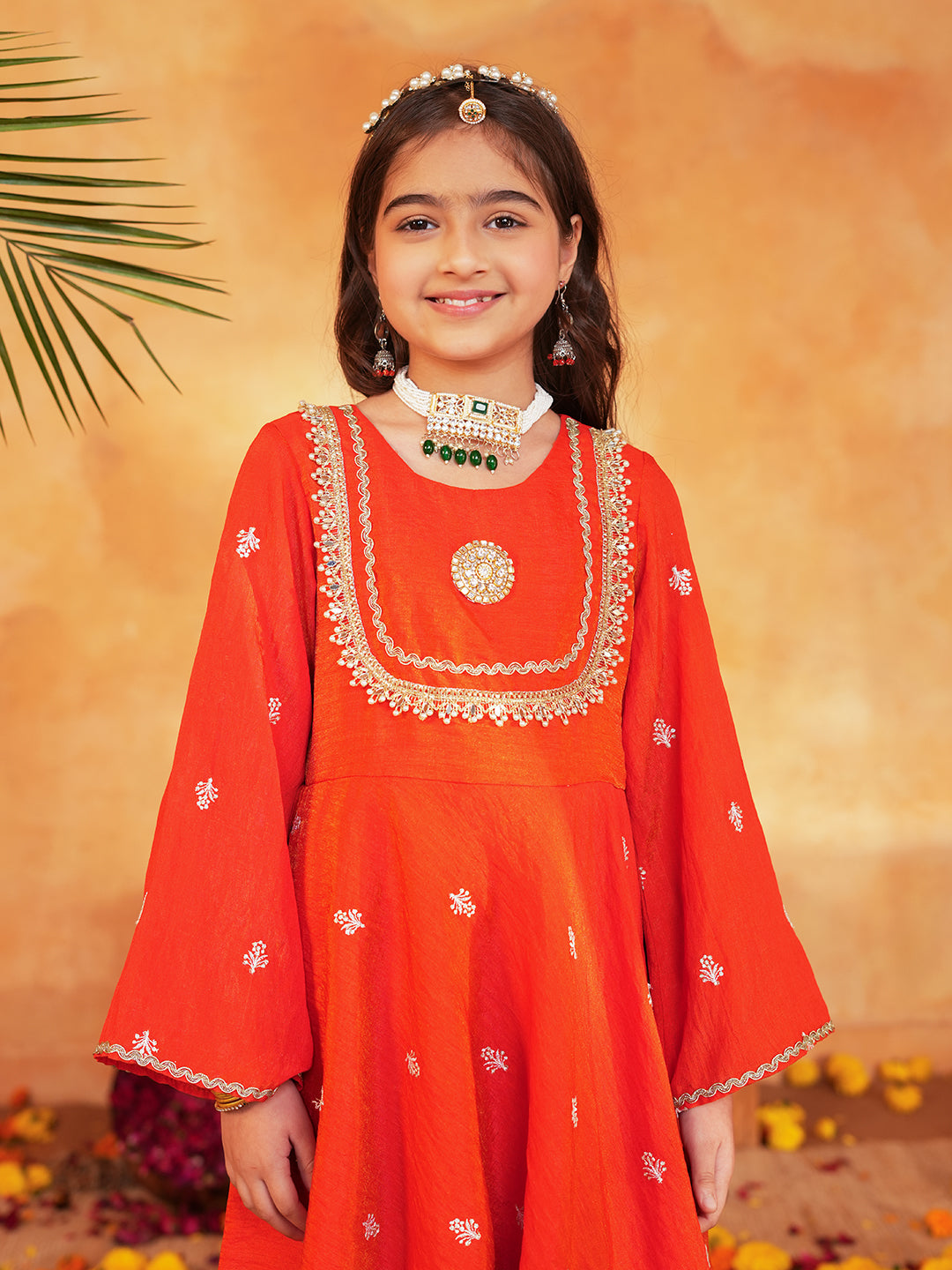 Pspeaches Girls Orange & turquoise Ethnic Embroidered Silk A-line Kurta With Sharara & Dupatta ( SKU-Sha-orangevich )