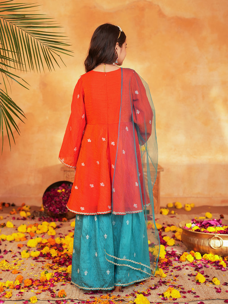 Pspeaches Girls Orange & turquoise Ethnic Embroidered Silk A-line Kurta With Sharara & Dupatta ( SKU-Sha-orangevich )