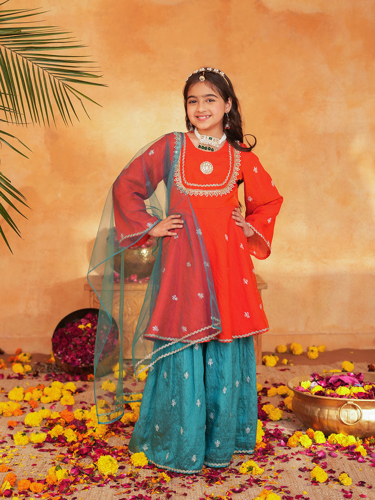 Pspeaches Girls Orange & turquoise Ethnic Embroidered Silk A-line Kurta With Sharara & Dupatta ( SKU-Sha-orangevich )