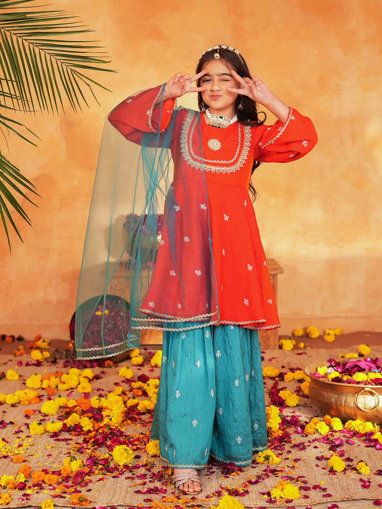 Pspeaches Girls Orange & turquoise Ethnic Embroidered Silk A-line Kurta With Sharara & Dupatta ( SKU-Sha-orangevich )