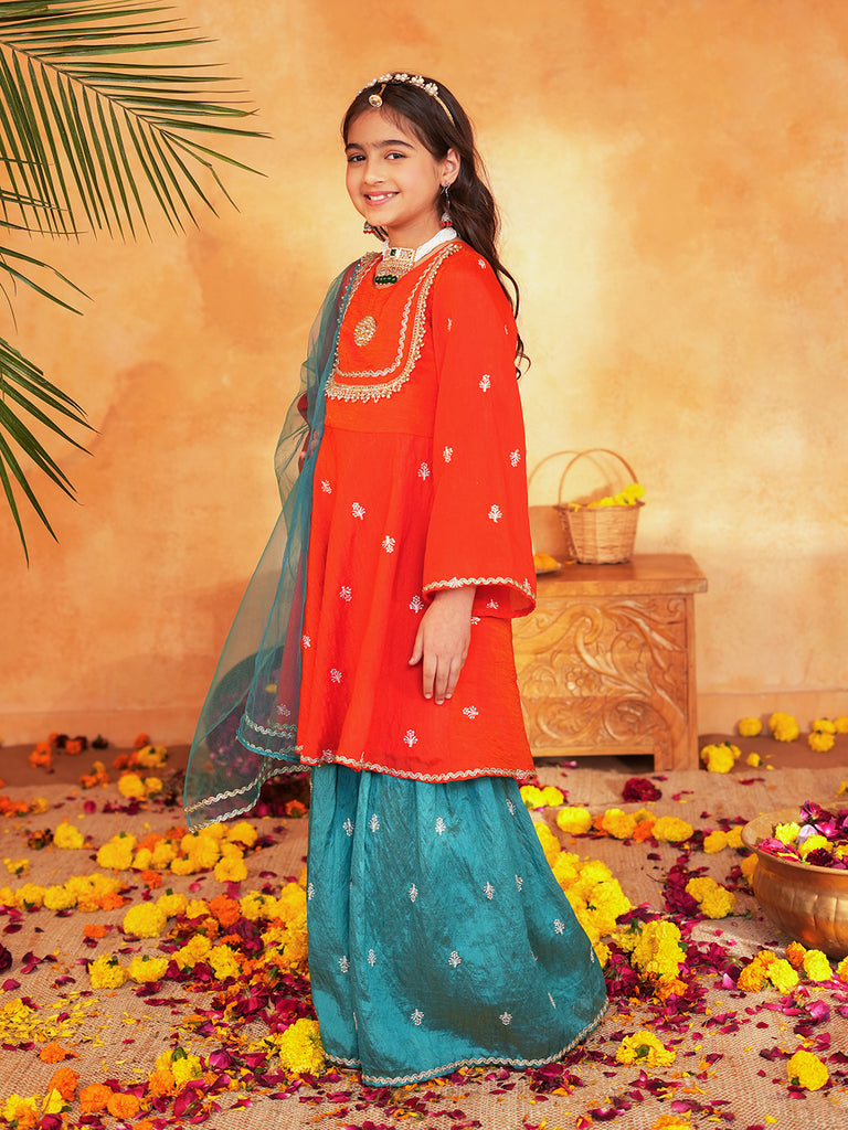 Pspeaches Girls Orange & turquoise Ethnic Embroidered Silk A-line Kurta With Sharara & Dupatta ( SKU-Sha-orangevich )