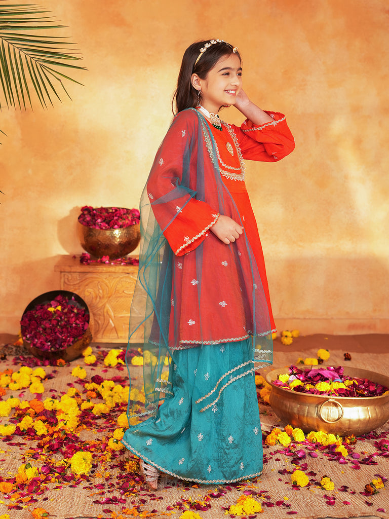 Pspeaches Girls Orange & turquoise Ethnic Embroidered Silk A-line Kurta With Sharara & Dupatta ( SKU-Sha-orangevich )