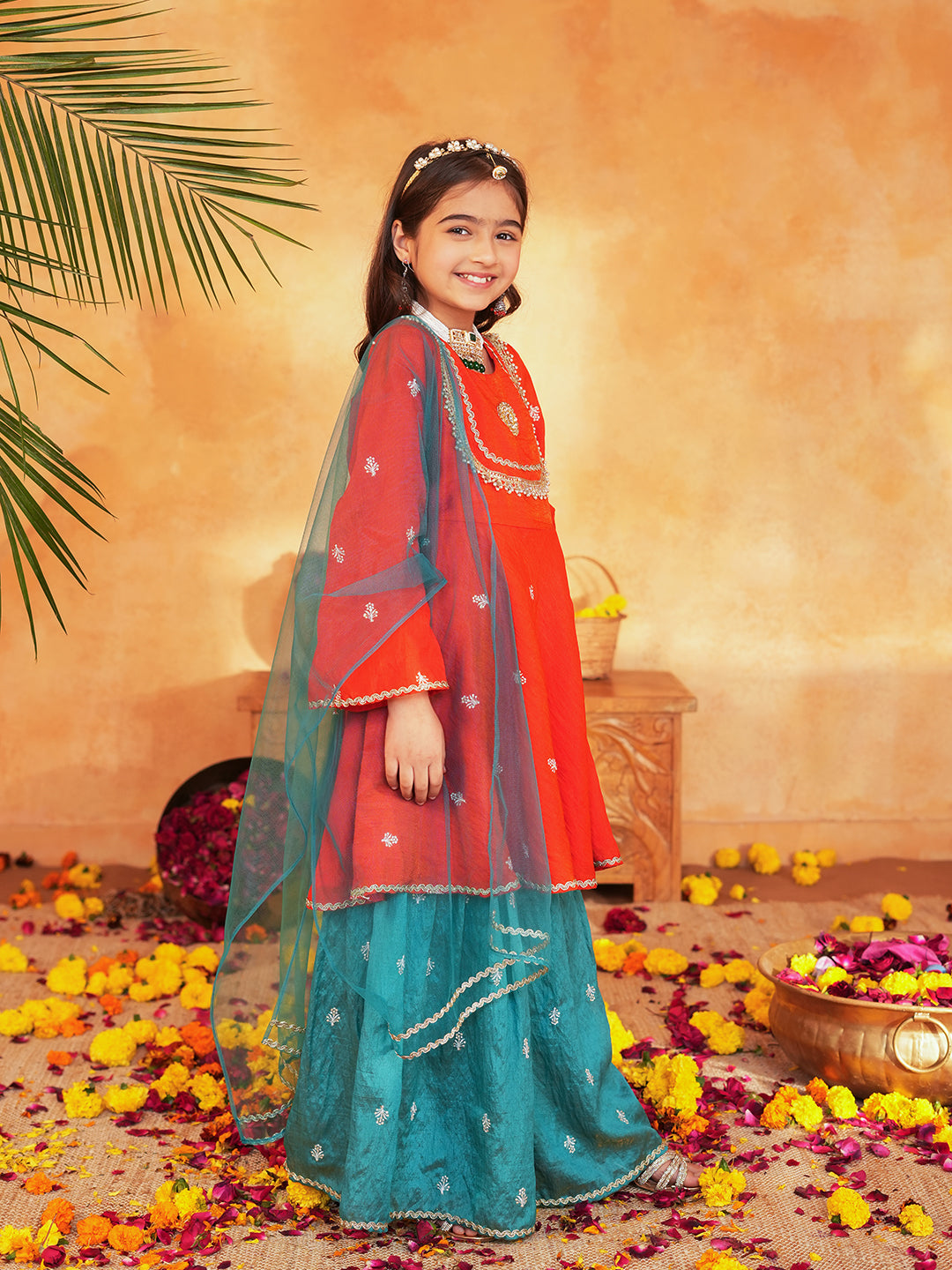Pspeaches Girls Orange & turquoise Ethnic Embroidered Silk A-line Kurta With Sharara & Dupatta ( SKU-Sha-orangevich )