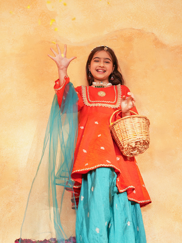 Pspeaches Girls Orange & turquoise Ethnic Embroidered Silk A-line Kurta With Sharara & Dupatta ( SKU-Sha-orangevich )