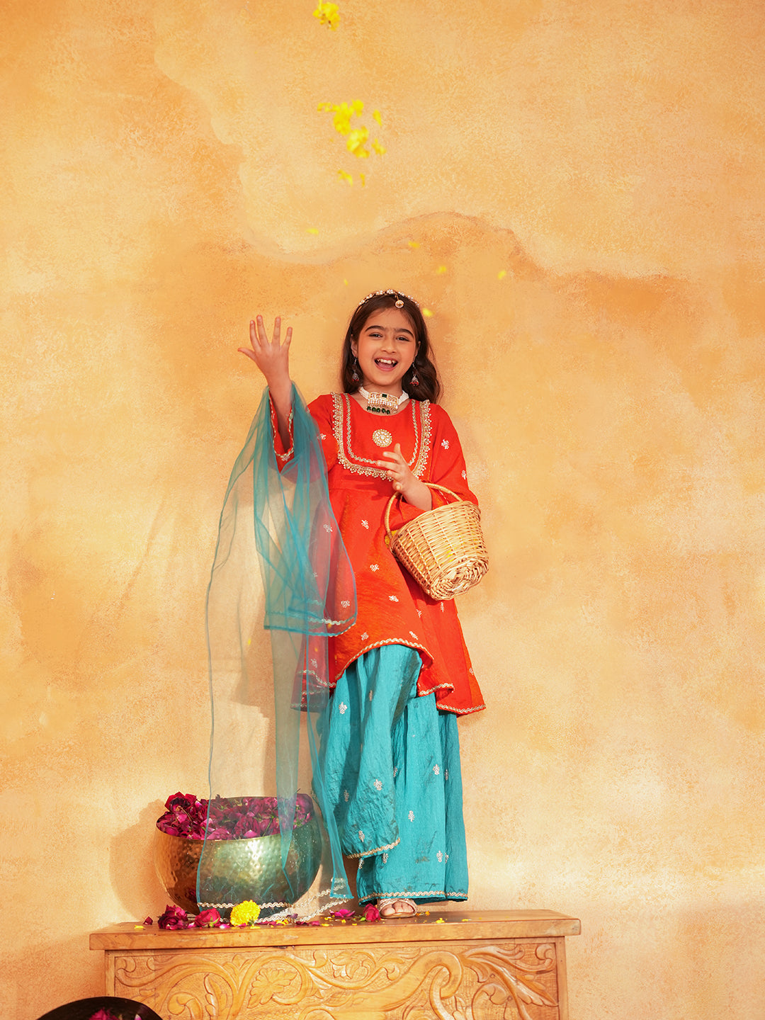 Pspeaches Girls Orange & turquoise Ethnic Embroidered Silk A-line Kurta With Sharara & Dupatta ( SKU-Sha-orangevich )