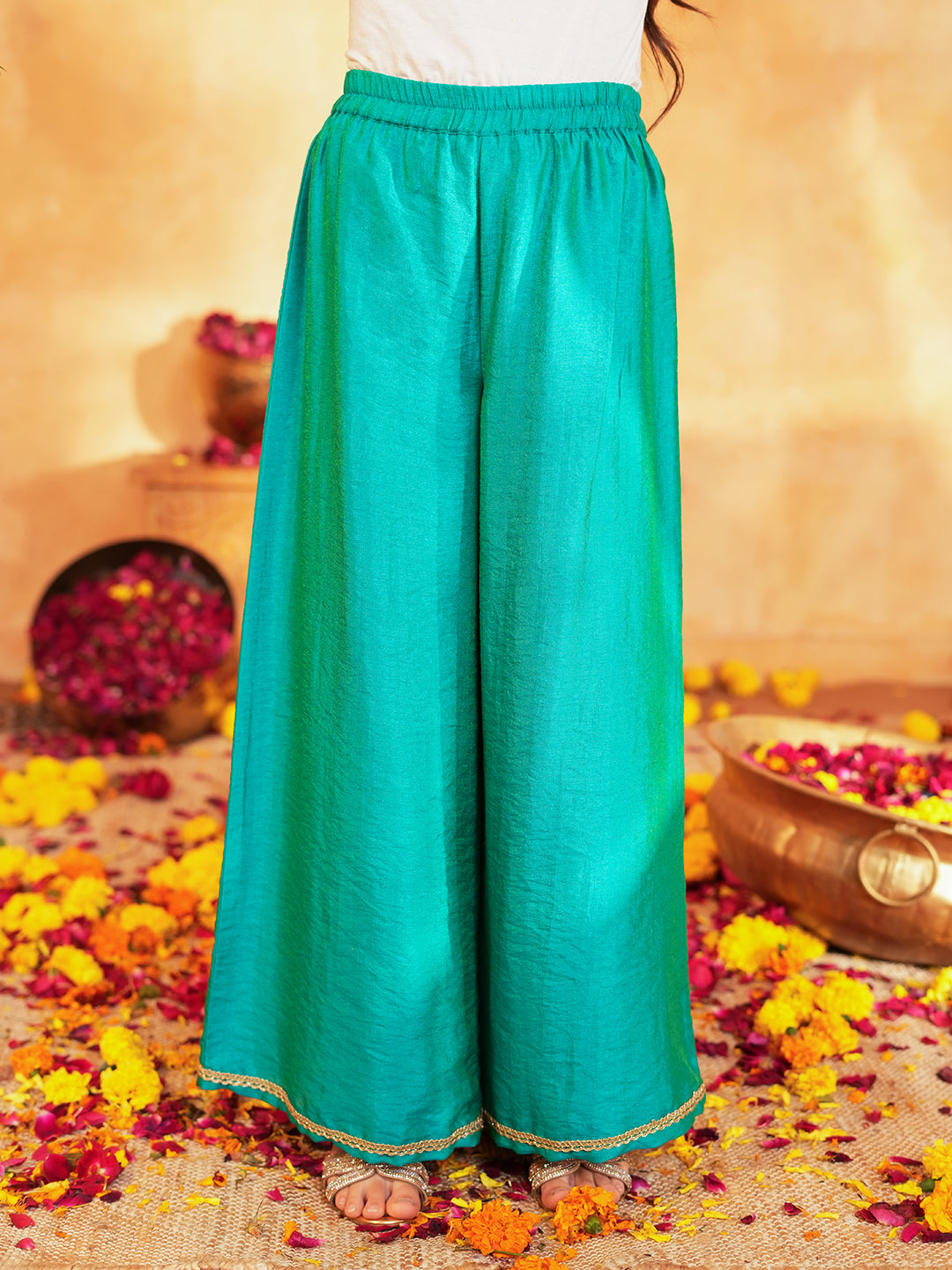 Pspeaches Girls Red & turquoise Ethnic Embroidered silk Angrakha Kurta With Palazzo & Dupatta ( SKU-Ks-RedVich )