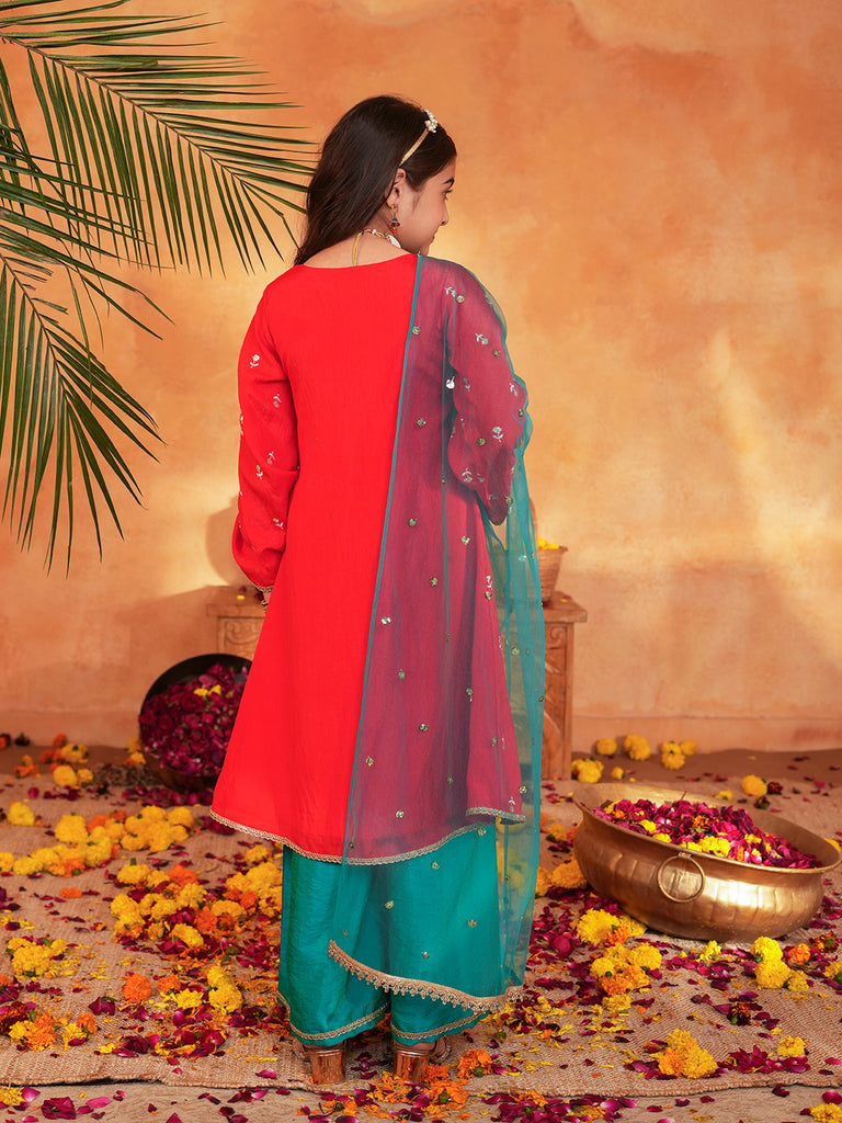 Pspeaches Girls Red & turquoise Ethnic Embroidered silk Angrakha Kurta With Palazzo & Dupatta ( SKU-Ks-RedVich )