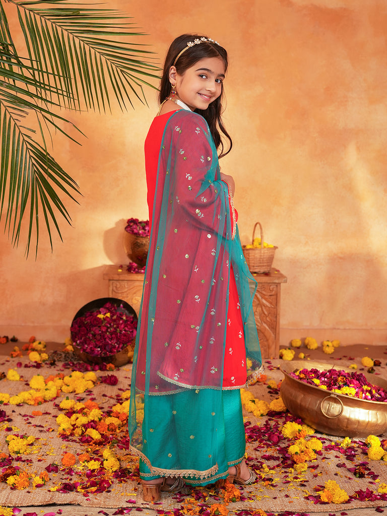 Pspeaches Girls Red & turquoise Ethnic Embroidered silk Angrakha Kurta With Palazzo & Dupatta ( SKU-Ks-RedVich )