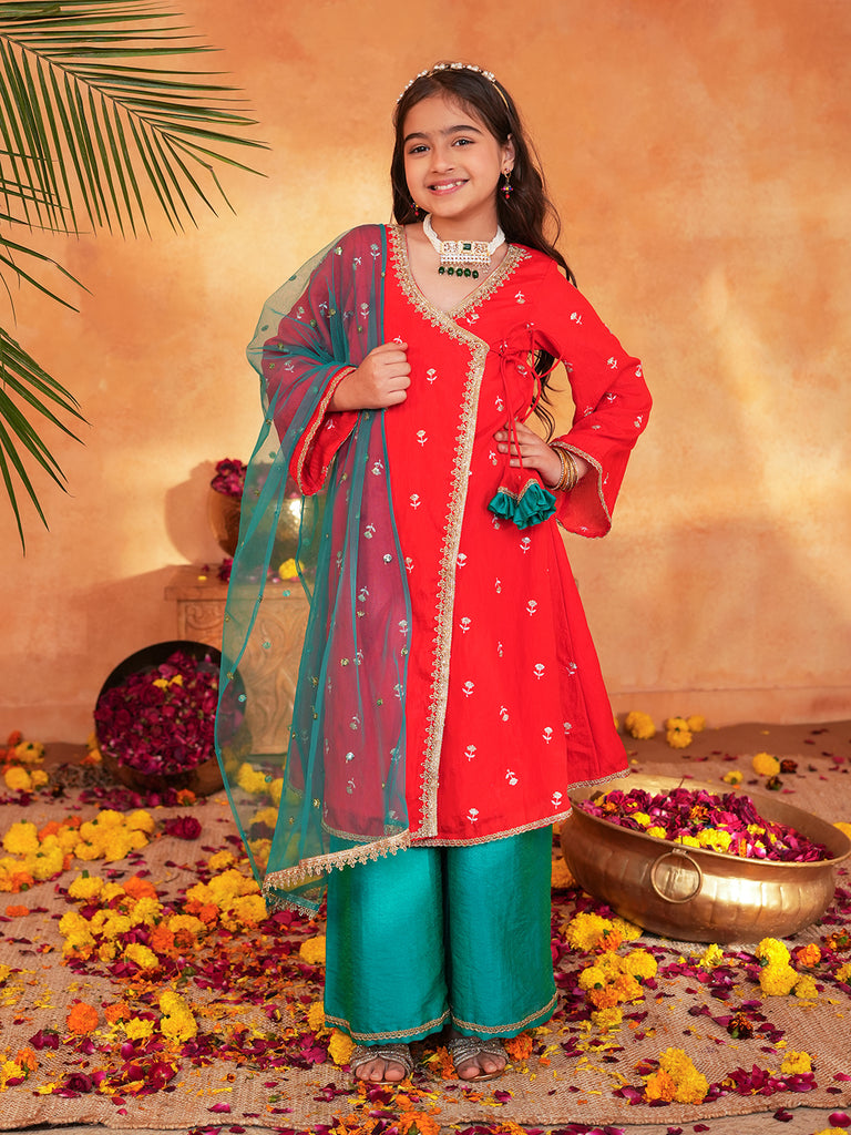 Pspeaches Girls Red & turquoise Ethnic Embroidered silk Angrakha Kurta With Palazzo & Dupatta ( SKU-Ks-RedVich )