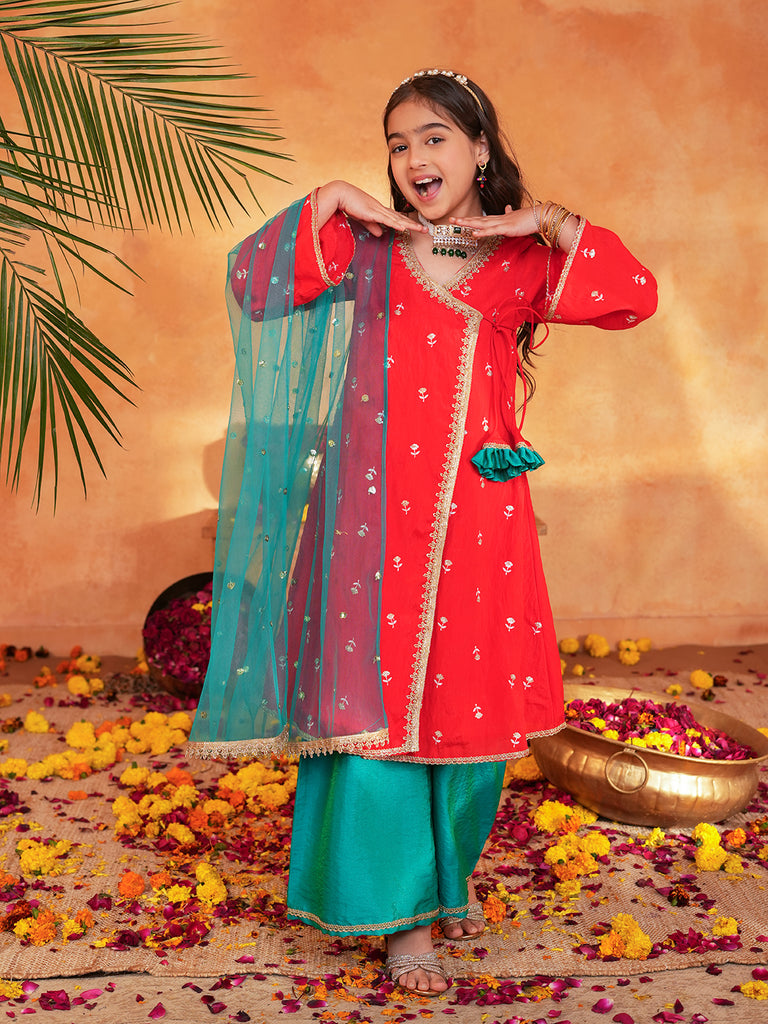 Pspeaches Girls Red & turquoise Ethnic Embroidered silk Angrakha Kurta With Palazzo & Dupatta ( SKU-Ks-RedVich )