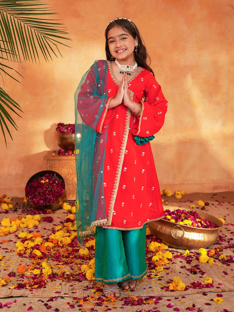 Pspeaches Girls Red & turquoise Ethnic Embroidered silk Angrakha Kurta With Palazzo & Dupatta ( SKU-Ks-RedVich )