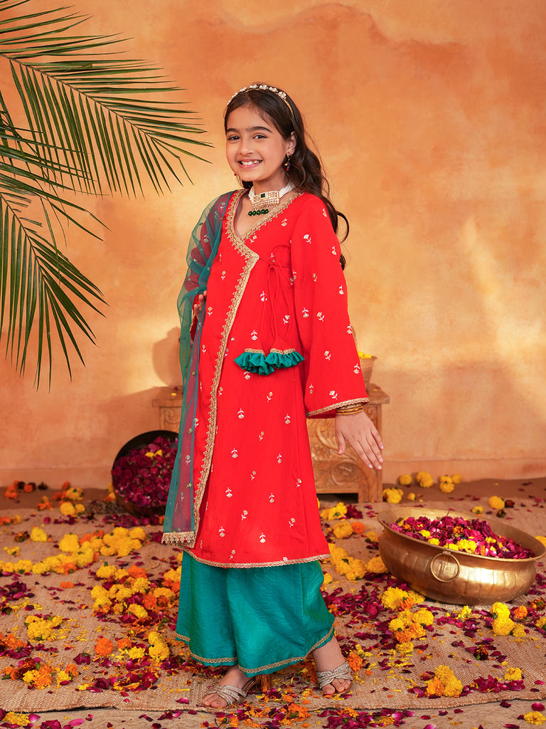 Pspeaches Girls Red & turquoise Ethnic Embroidered silk Angrakha Kurta With Palazzo & Dupatta ( SKU-Ks-RedVich )