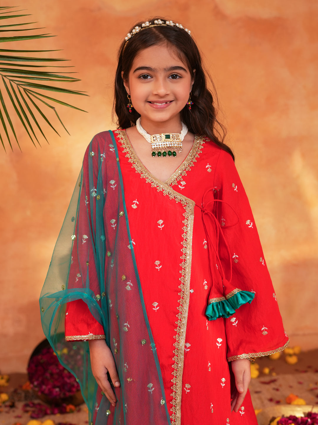 Pspeaches Girls Red & turquoise Ethnic Embroidered silk Angrakha Kurta With Palazzo & Dupatta ( SKU-Ks-RedVich )