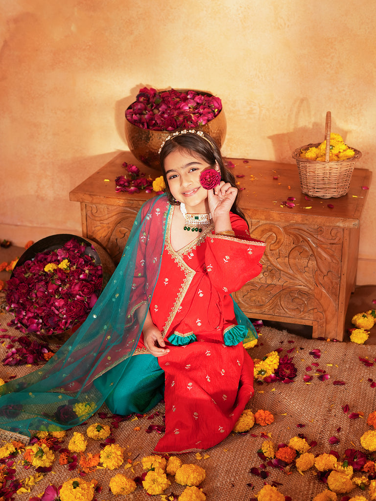 Pspeaches Girls Red & turquoise Ethnic Embroidered silk Angrakha Kurta With Palazzo & Dupatta ( SKU-Ks-RedVich )