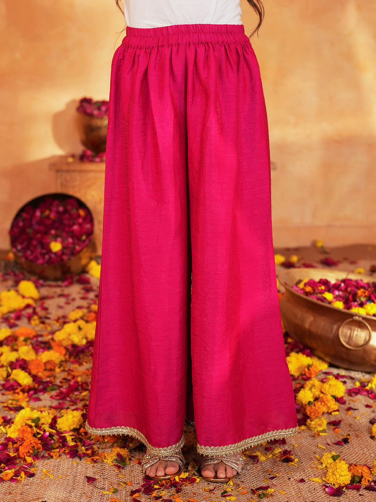 Pspeaches Girls Rani Pink Ethnic Embroidered silk Angrakha Kurta & Palazzo With Dupatta ( Sku-Sha-Ranivich )