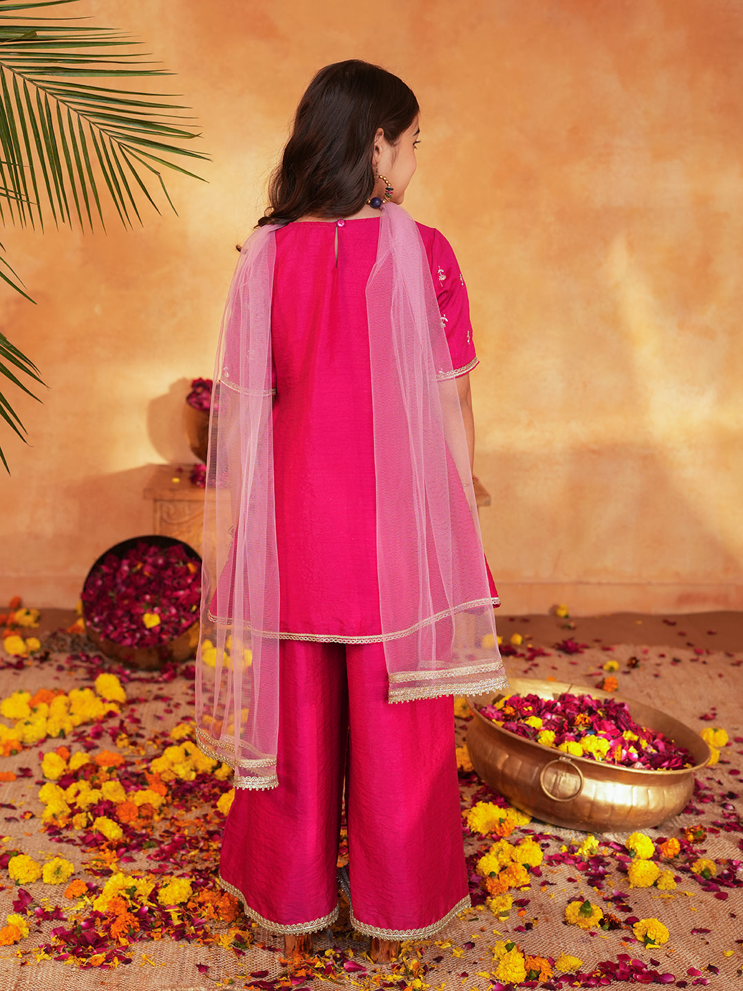 Pspeaches Girls Rani Pink Ethnic Embroidered silk Angrakha Kurta & Palazzo With Dupatta ( Sku-Sha-Ranivich )