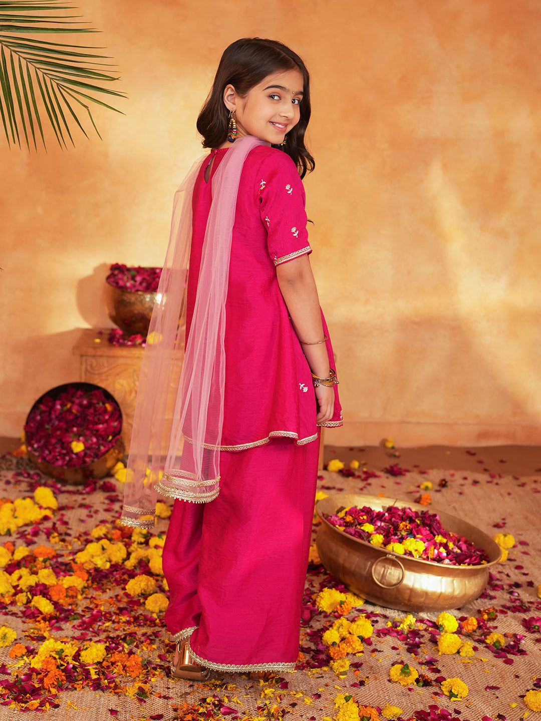 Pspeaches Girls Rani Pink Ethnic Embroidered silk Angrakha Kurta & Palazzo With Dupatta ( Sku-Sha-Ranivich )