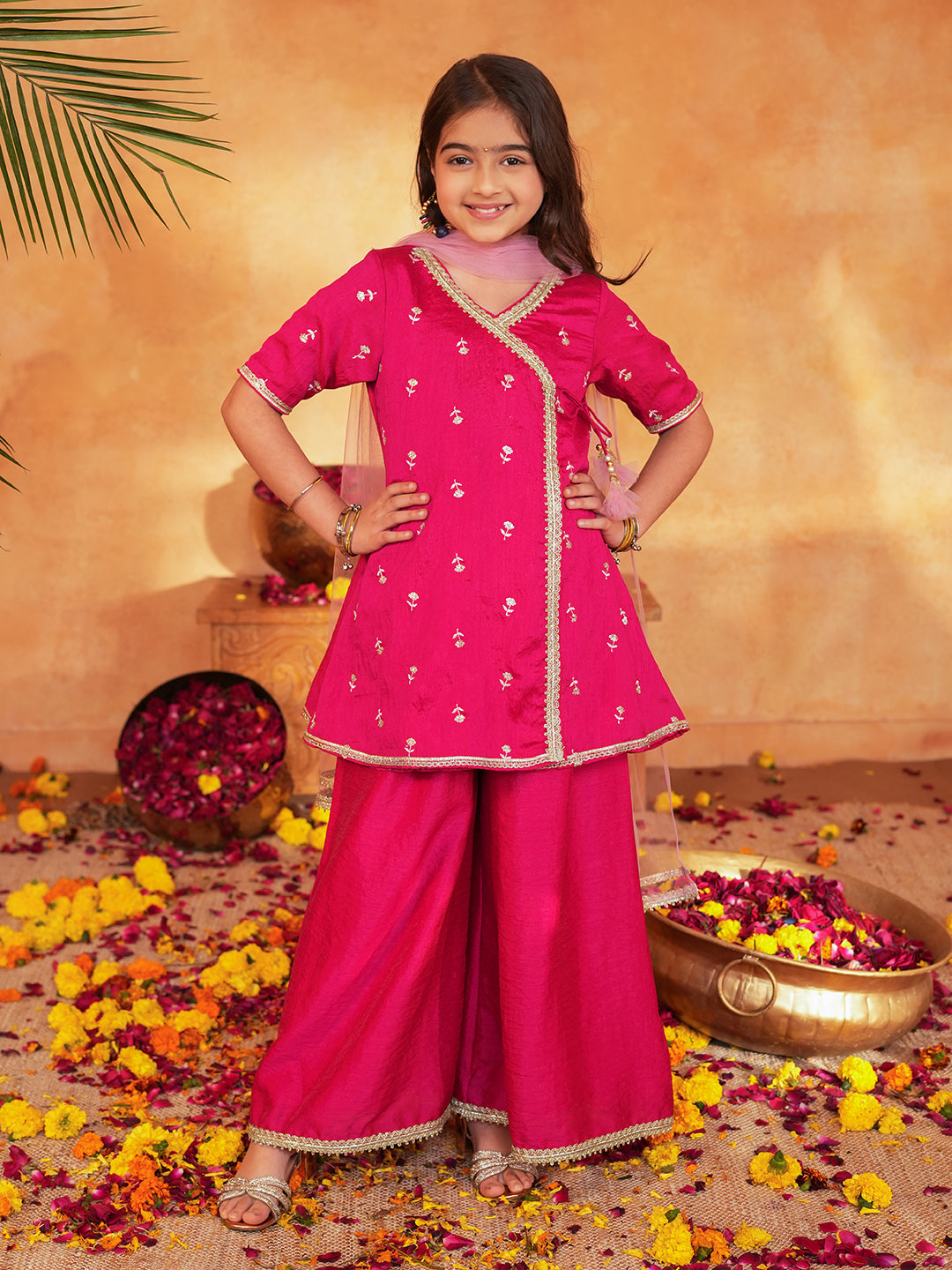 Pspeaches Girls Rani Pink Ethnic Embroidered silk Angrakha Kurta & Palazzo With Dupatta ( Sku-Sha-Ranivich )