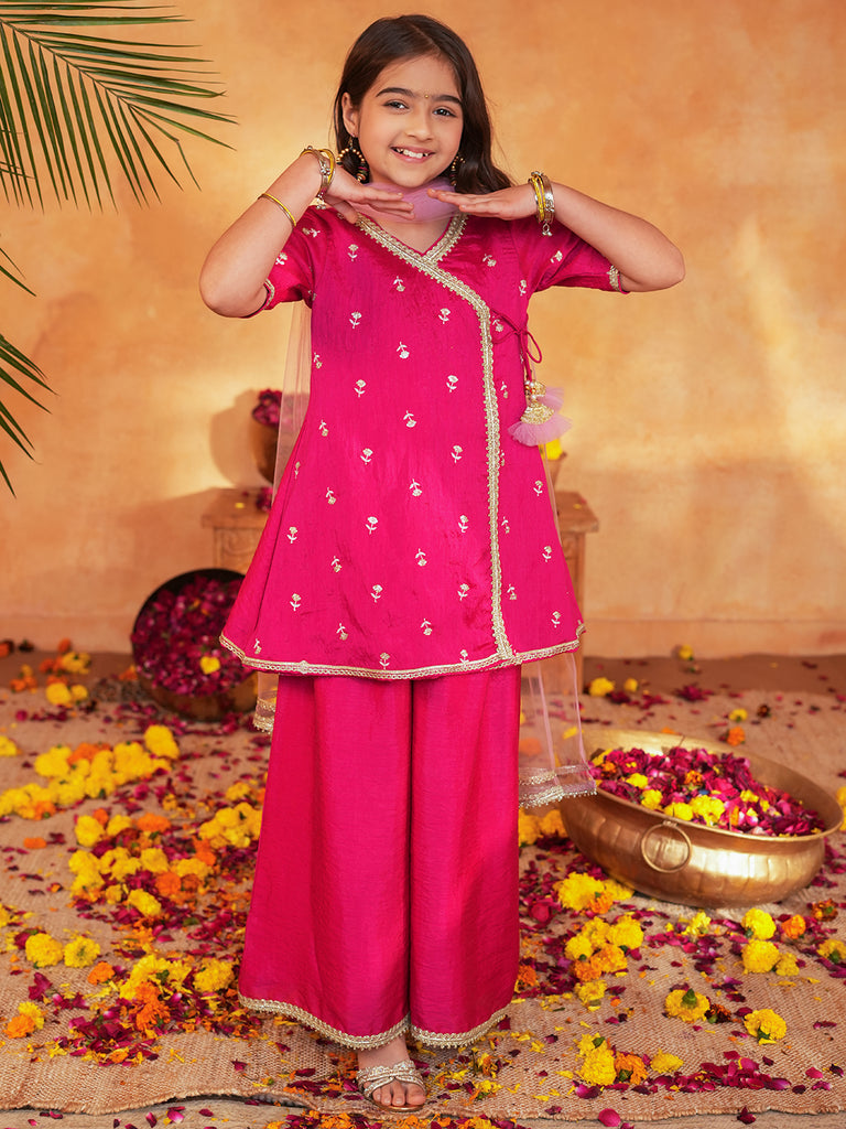 Pspeaches Girls Rani Pink Ethnic Embroidered silk Angrakha Kurta & Palazzo With Dupatta ( Sku-Sha-Ranivich )