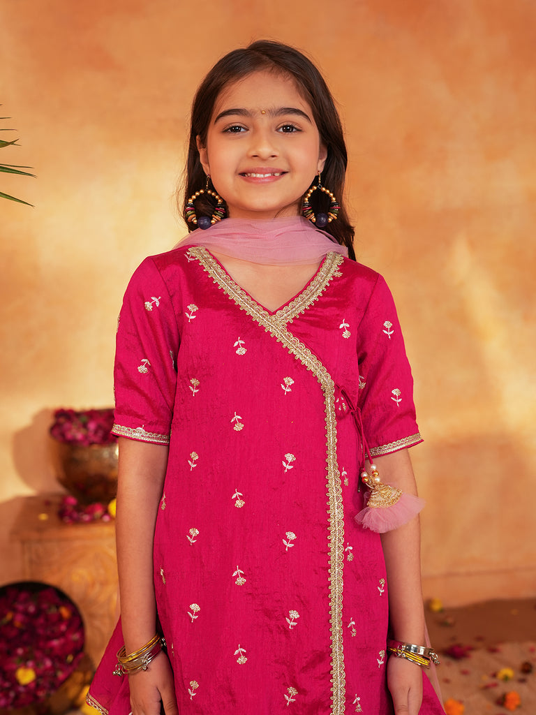 Pspeaches Girls Rani Pink Ethnic Embroidered silk Angrakha Kurta & Palazzo With Dupatta ( Sku-Sha-Ranivich )