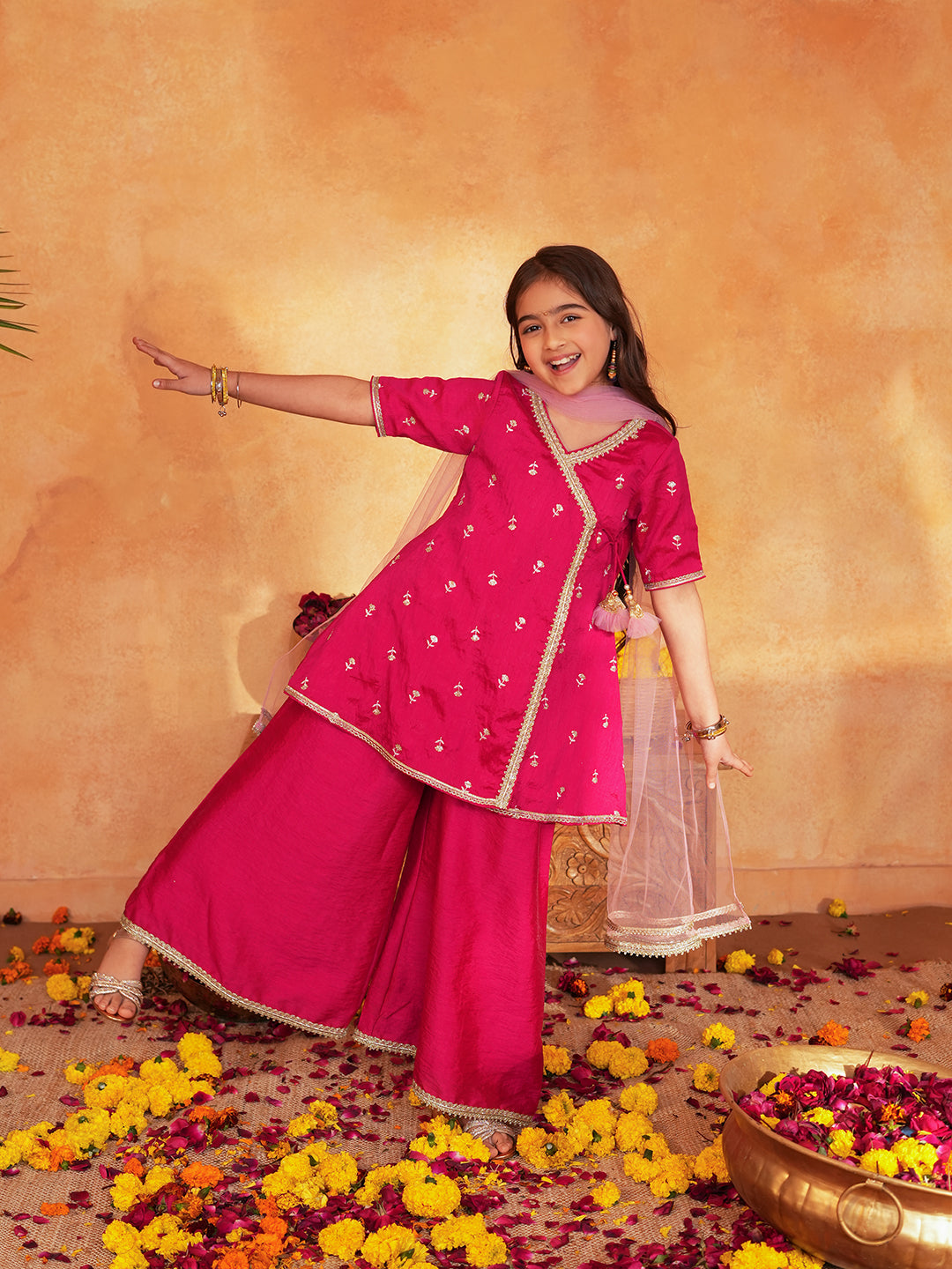 Pspeaches Girls Rani Pink Ethnic Embroidered silk Angrakha Kurta & Palazzo With Dupatta ( Sku-Sha-Ranivich )