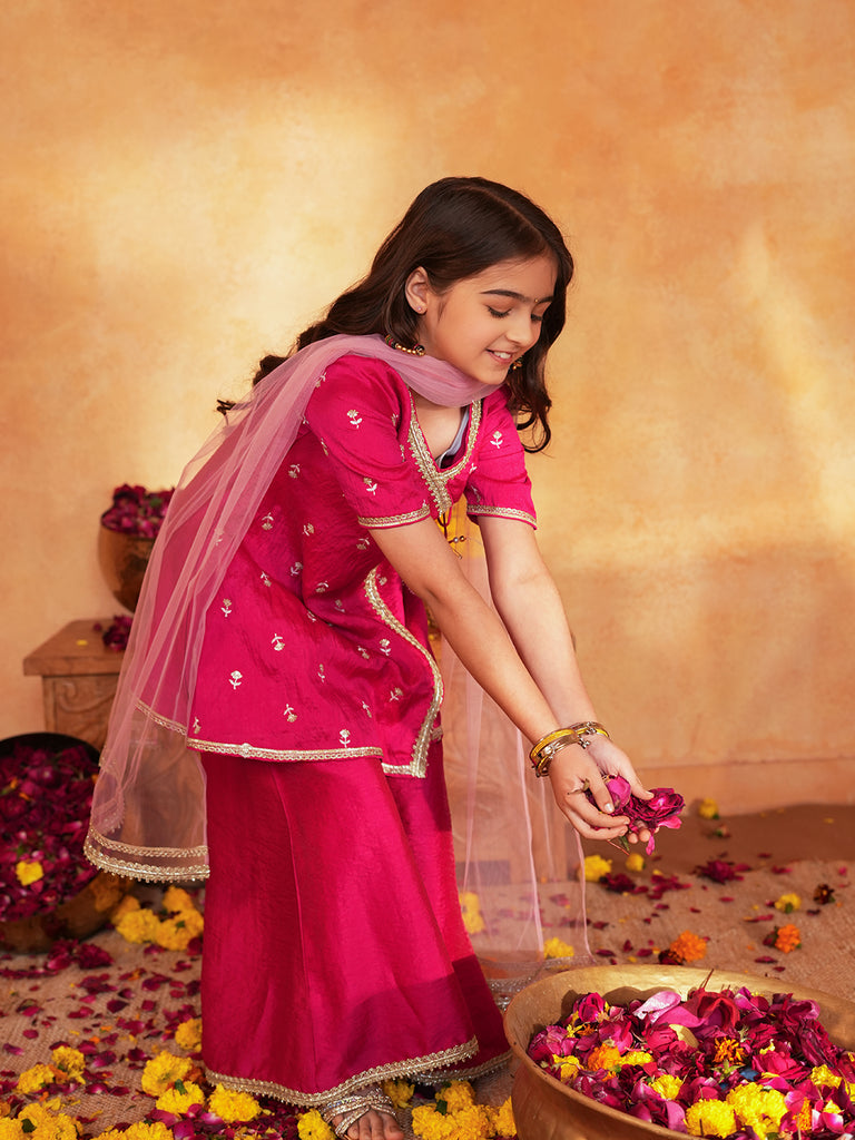 Pspeaches Girls Rani Pink Ethnic Embroidered silk Angrakha Kurta & Palazzo With Dupatta ( Sku-Sha-Ranivich )