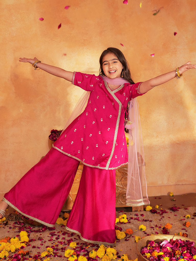 Pspeaches Girls Rani Pink Ethnic Embroidered silk Angrakha Kurta & Palazzo With Dupatta ( Sku-Sha-Ranivich )