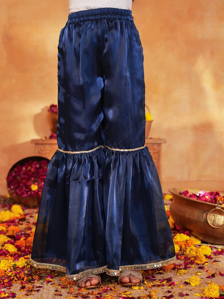 Pspeaches Girls Navy Blue Ethnic Embroidered Jimmy Organza A-Line Kurta & Sharara With Dupatta ( Sku-Sha-Navyjimmy )