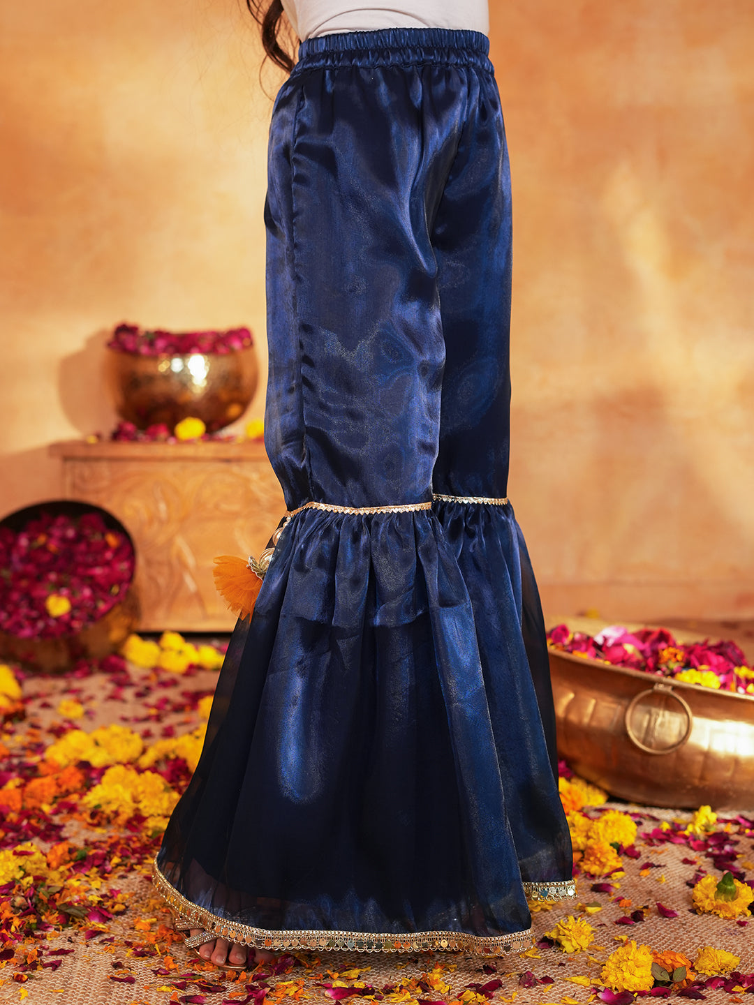 Pspeaches Girls Navy Blue Ethnic Embroidered Jimmy Organza A-Line Kurta & Sharara With Dupatta ( Sku-Sha-Navyjimmy )