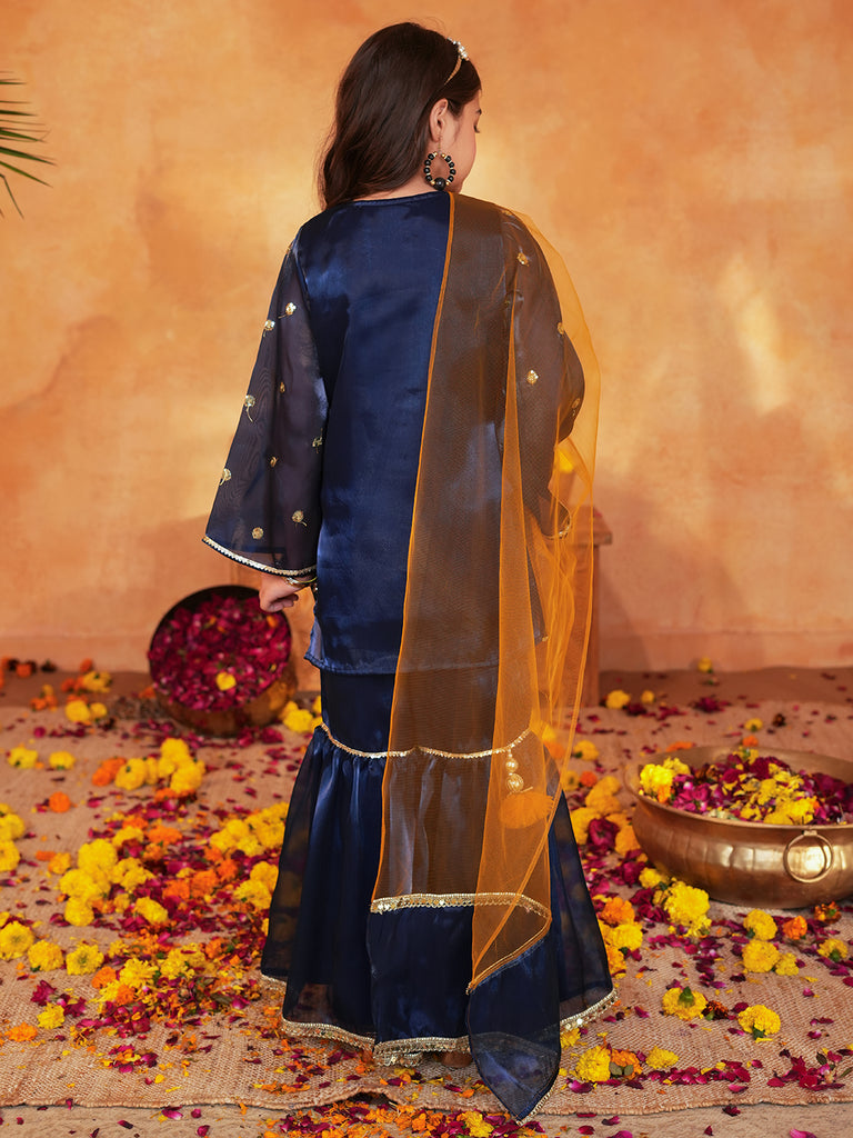 Pspeaches Girls Navy Blue Ethnic Embroidered Jimmy Organza A-Line Kurta & Sharara With Dupatta ( Sku-Sha-Navyjimmy )
