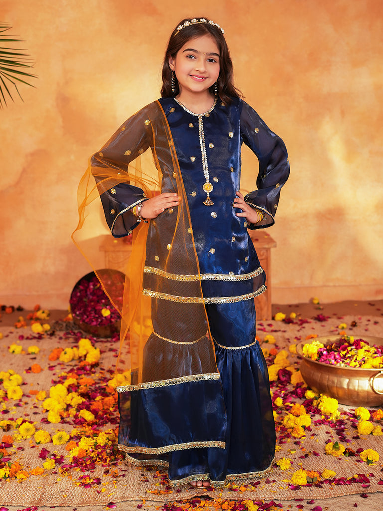 Pspeaches Girls Navy Blue Ethnic Embroidered Jimmy Organza A-Line Kurta & Sharara With Dupatta ( Sku-Sha-Navyjimmy )