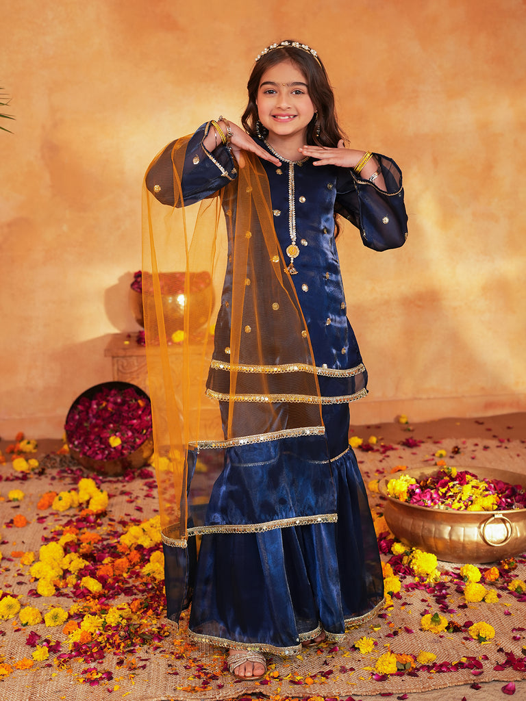 Pspeaches Girls Navy Blue Ethnic Embroidered Jimmy Organza A-Line Kurta & Sharara With Dupatta ( Sku-Sha-Navyjimmy )