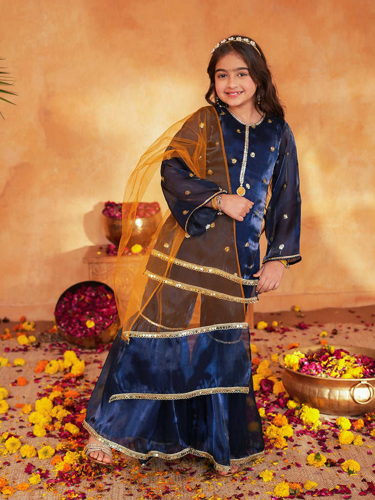 Pspeaches Girls Navy Blue Ethnic Embroidered Jimmy Organza A-Line Kurta & Sharara With Dupatta ( Sku-Sha-Navyjimmy )