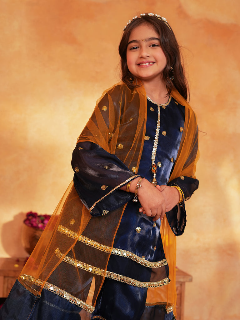 Pspeaches Girls Navy Blue Ethnic Embroidered Jimmy Organza A-Line Kurta & Sharara With Dupatta ( Sku-Sha-Navyjimmy )