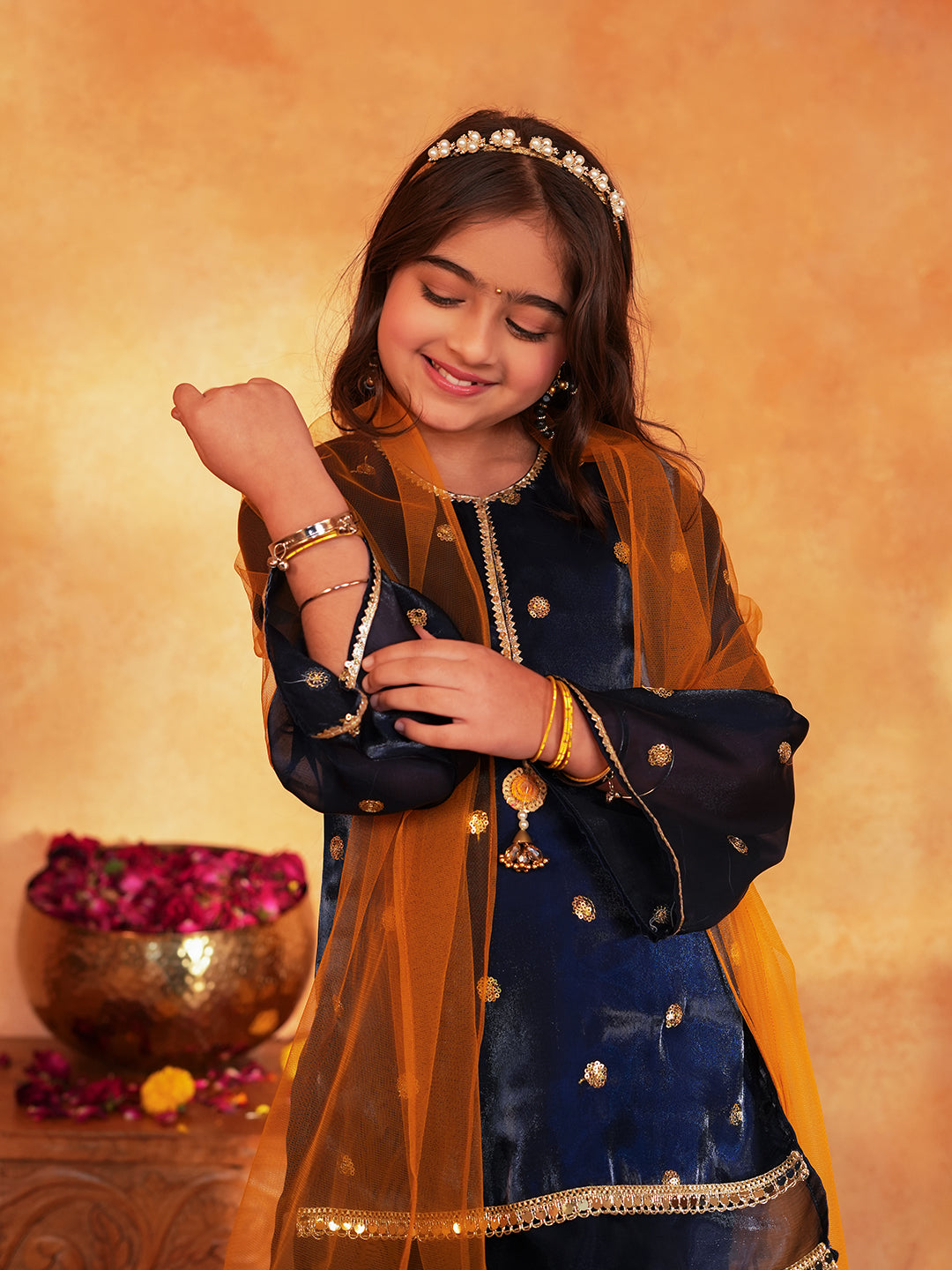 Pspeaches Girls Navy Blue Ethnic Embroidered Jimmy Organza A-Line Kurta & Sharara With Dupatta ( Sku-Sha-Navyjimmy )