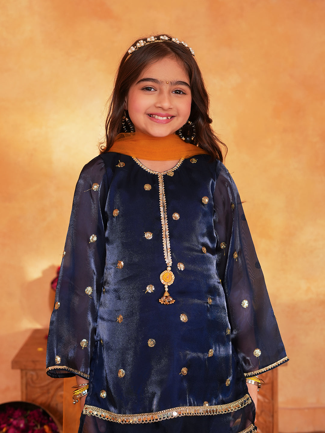 Pspeaches Girls Navy Blue Ethnic Embroidered Jimmy Organza A-Line Kurta & Sharara With Dupatta ( Sku-Sha-Navyjimmy )