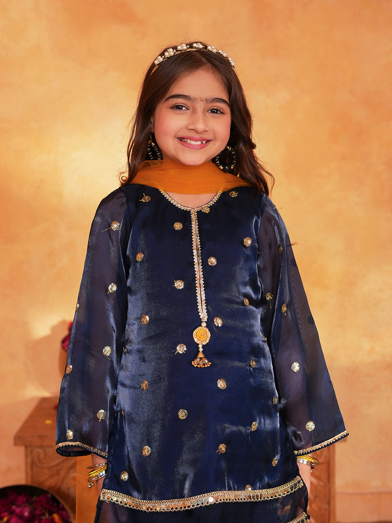 Pspeaches Girls Navy Blue Ethnic Embroidered Jimmy Organza A-Line Kurta & Sharara With Dupatta ( Sku-Sha-Navyjimmy )