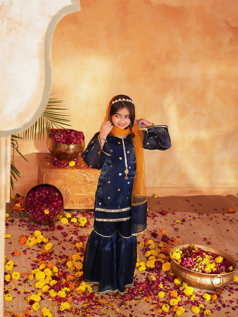 Pspeaches Girls Navy Blue Ethnic Embroidered Jimmy Organza A-Line Kurta & Sharara With Dupatta ( Sku-Sha-Navyjimmy )