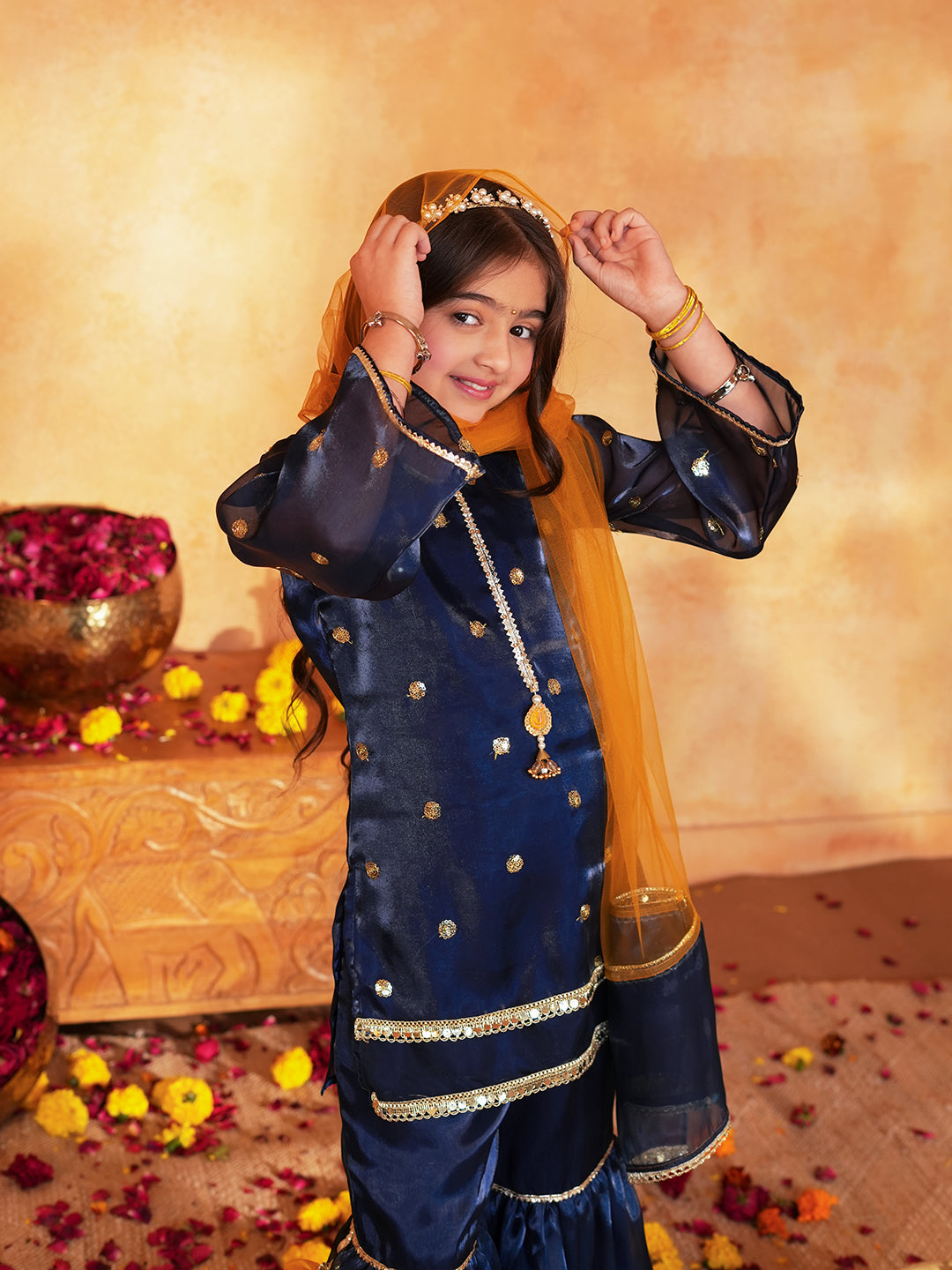 Pspeaches Girls Navy Blue Ethnic Embroidered Jimmy Organza A-Line Kurta & Sharara With Dupatta ( Sku-Sha-Navyjimmy )