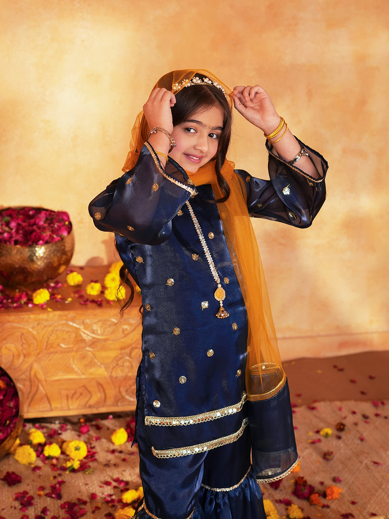 Pspeaches Girls Navy Blue Ethnic Embroidered Jimmy Organza A-Line Kurta & Sharara With Dupatta ( Sku-Sha-Navyjimmy )