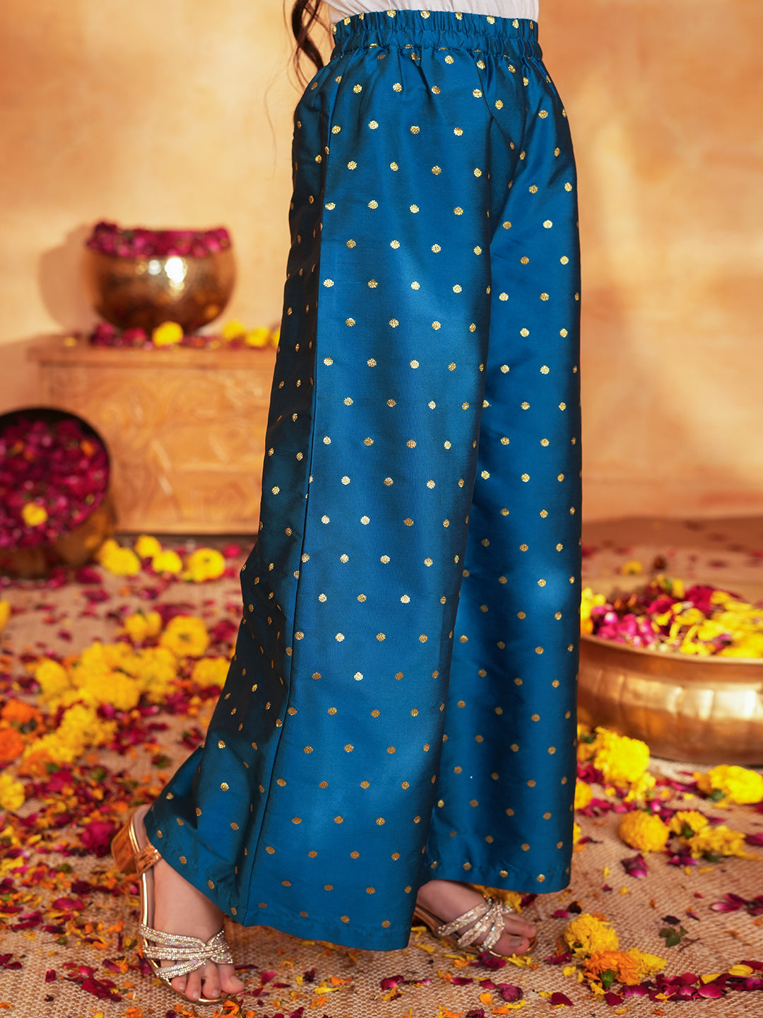 Pspeaches Girls Blue & Black Ethnic Foil printed Angrakha Kurta With Palazzo Set ( Sku-Ks-Blueborder )