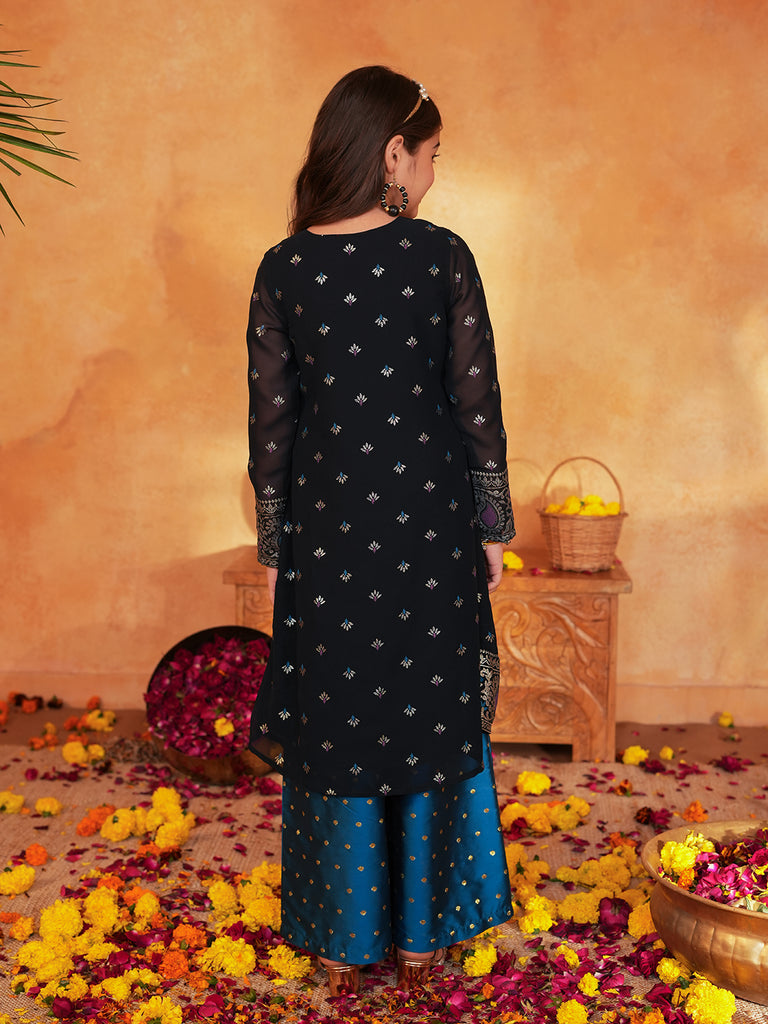 Pspeaches Girls Blue & Black Ethnic Foil printed Angrakha Kurta With Palazzo Set ( Sku-Ks-Blueborder )
