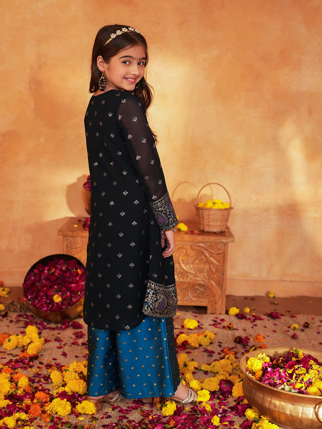 Pspeaches Girls Blue & Black Ethnic Foil printed Angrakha Kurta With Palazzo Set ( Sku-Ks-Blueborder )