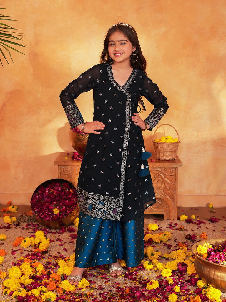 Pspeaches Girls Blue & Black Ethnic Foil printed Angrakha Kurta With Palazzo Set ( Sku-Ks-Blueborder )