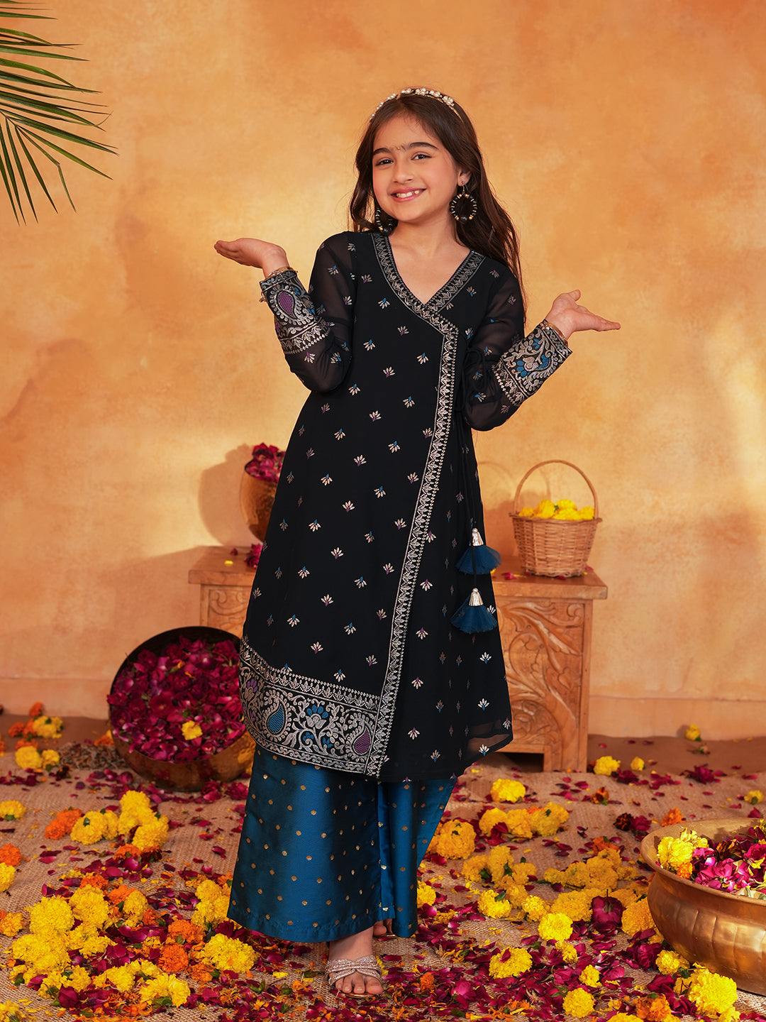 Pspeaches Girls Blue & Black Ethnic Foil printed Angrakha Kurta With Palazzo Set ( Sku-Ks-Blueborder )