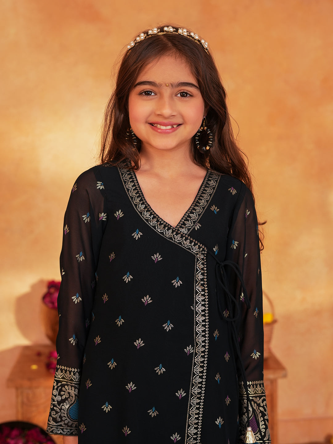 Pspeaches Girls Blue & Black Ethnic Foil printed Angrakha Kurta With Palazzo Set ( Sku-Ks-Blueborder )