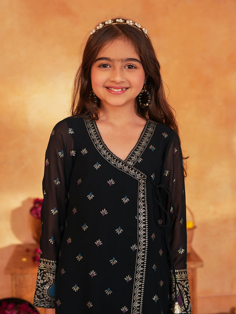 Pspeaches Girls Blue & Black Ethnic Foil printed Angrakha Kurta With Palazzo Set ( Sku-Ks-Blueborder )